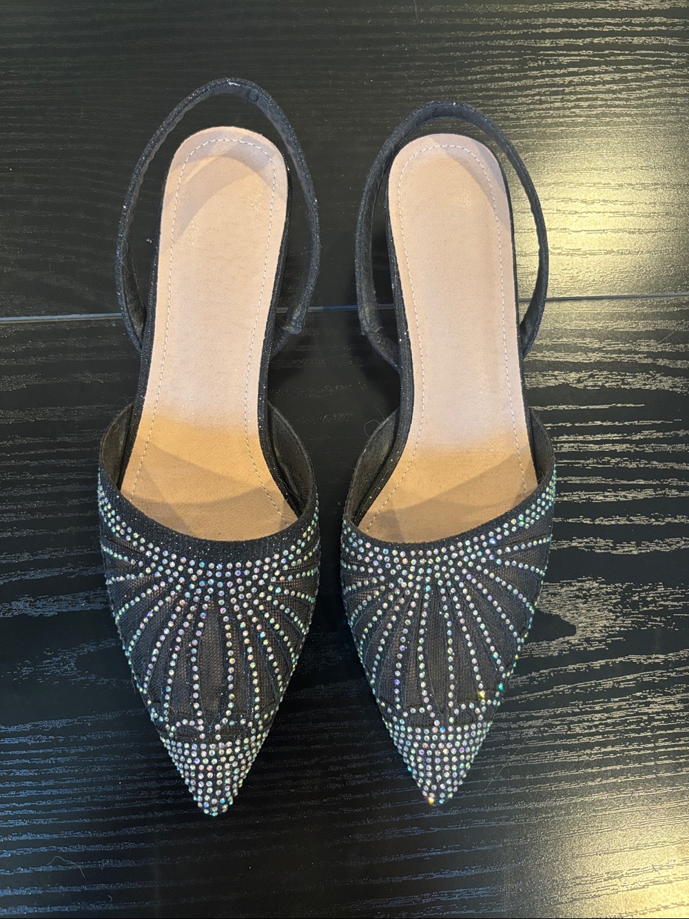 Black Pointed Toe Slingback Flats with Crystal Accents